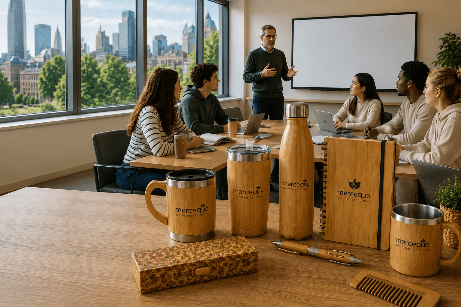 University campus team and bamboo gifts